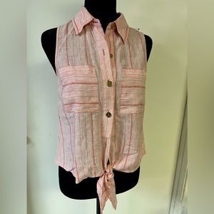 Michael Kors Striped Linen Coral Peach Button Up Tie Sleeveless Blouse NWOT